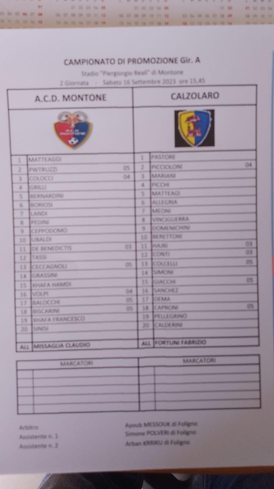PROMOZIONE GIRONE A - Le liste gara della 2a giornata