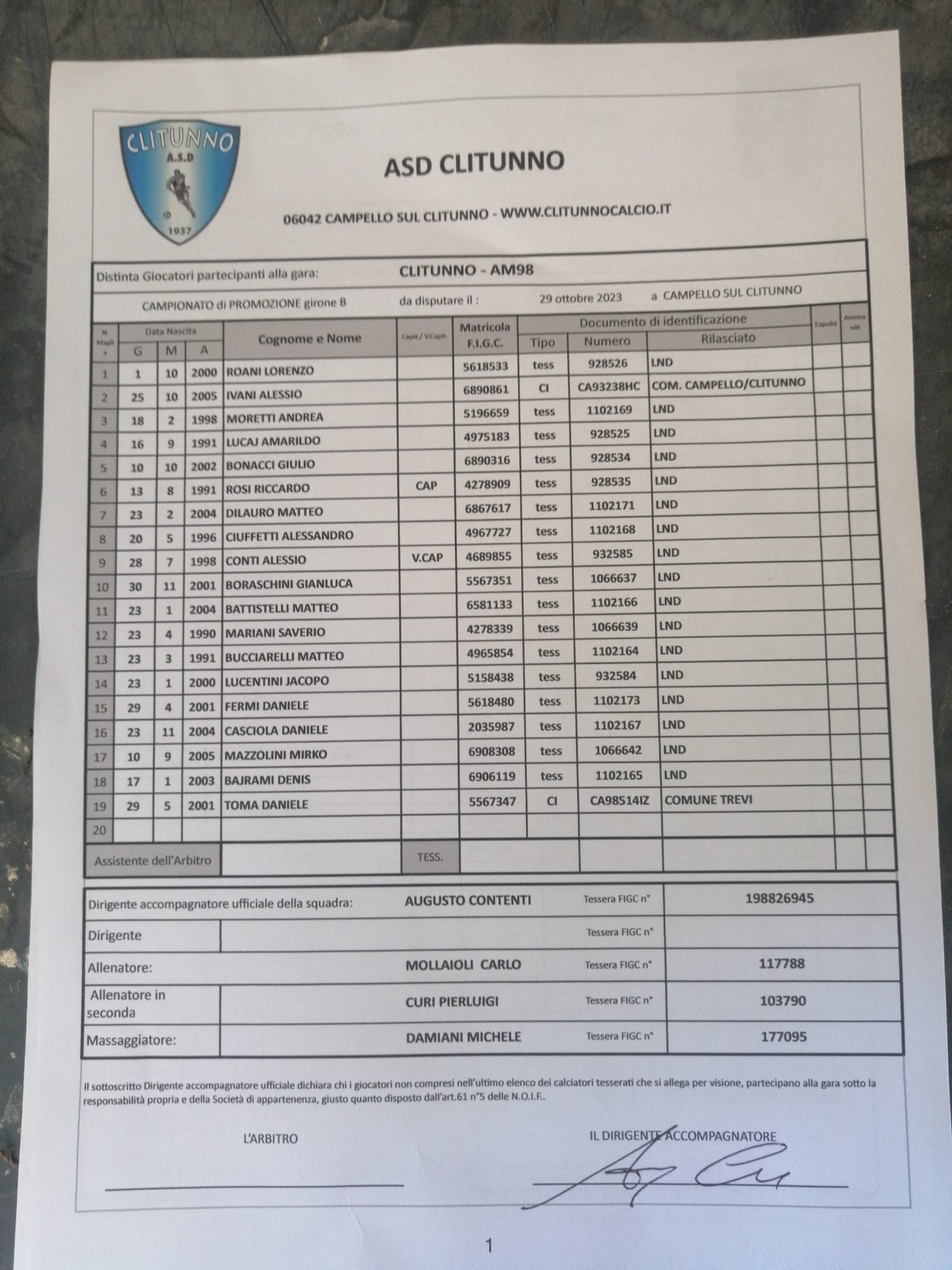 PROMOZIONE GIRONE B - Le liste gara della 8a giornata