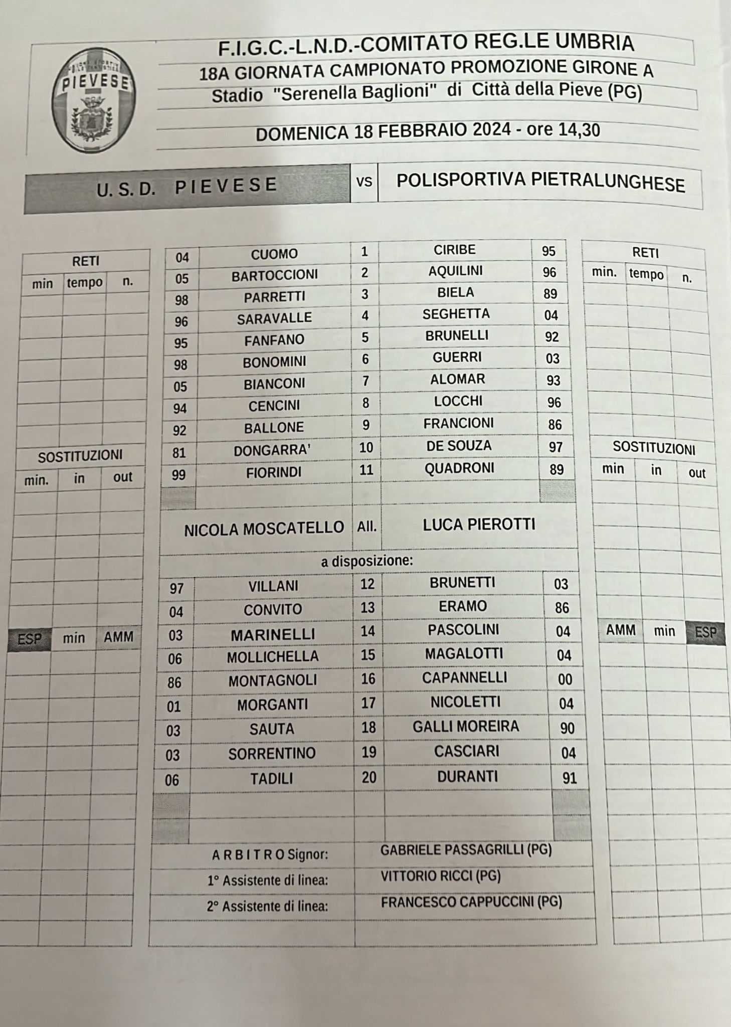 PROMOZIONE GIRONE A - Le liste gara della 22a giornata