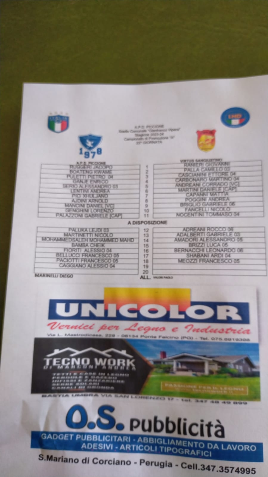 PROMOZIONE GIRONE A - Le liste gara della 22a giornata