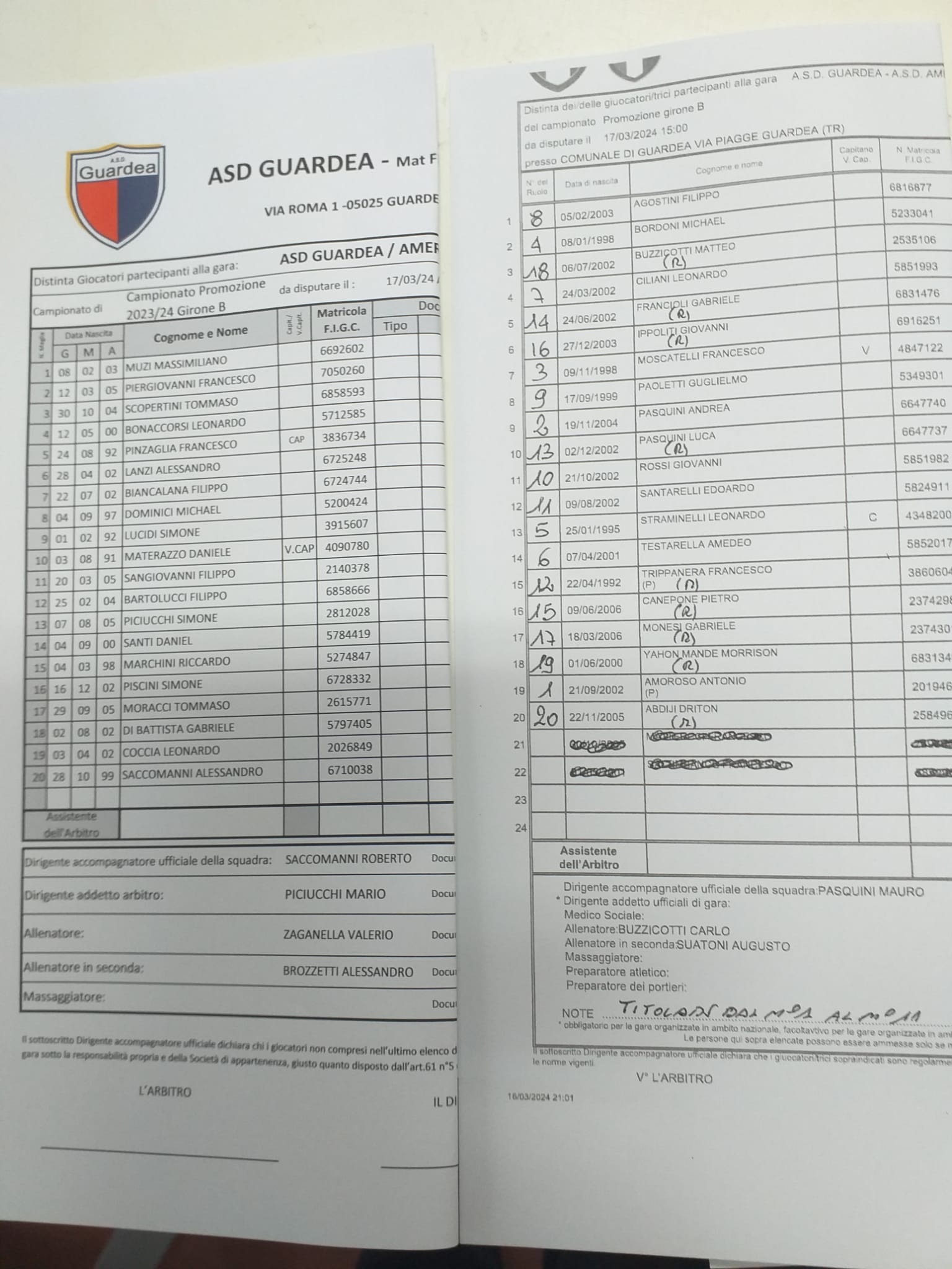 PROMOZIONE GIRONE B - Le liste gara della 26a giornata